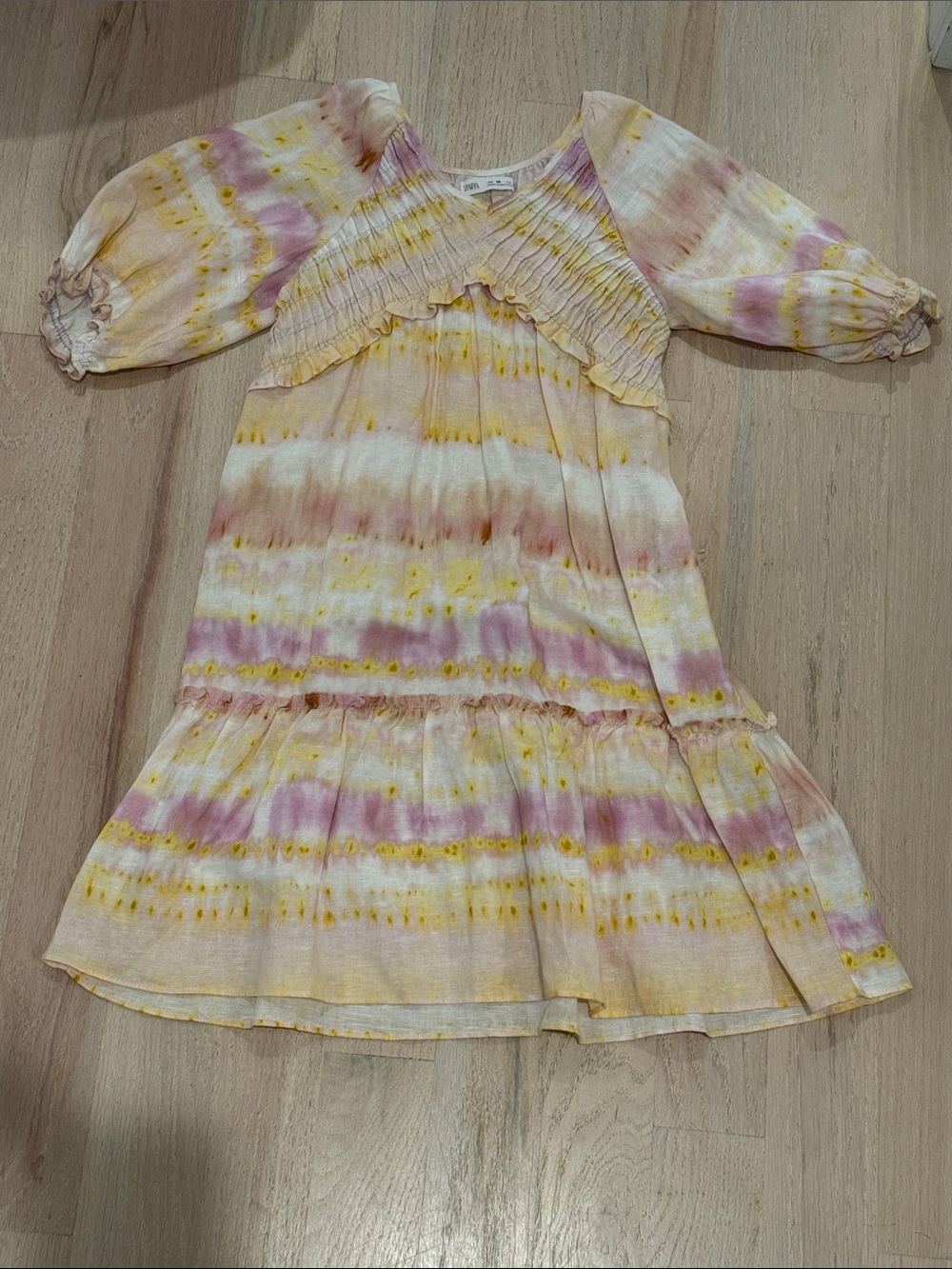 Zara Cream, Pink & Yellow Tie-Dye Smocked Casual Dress